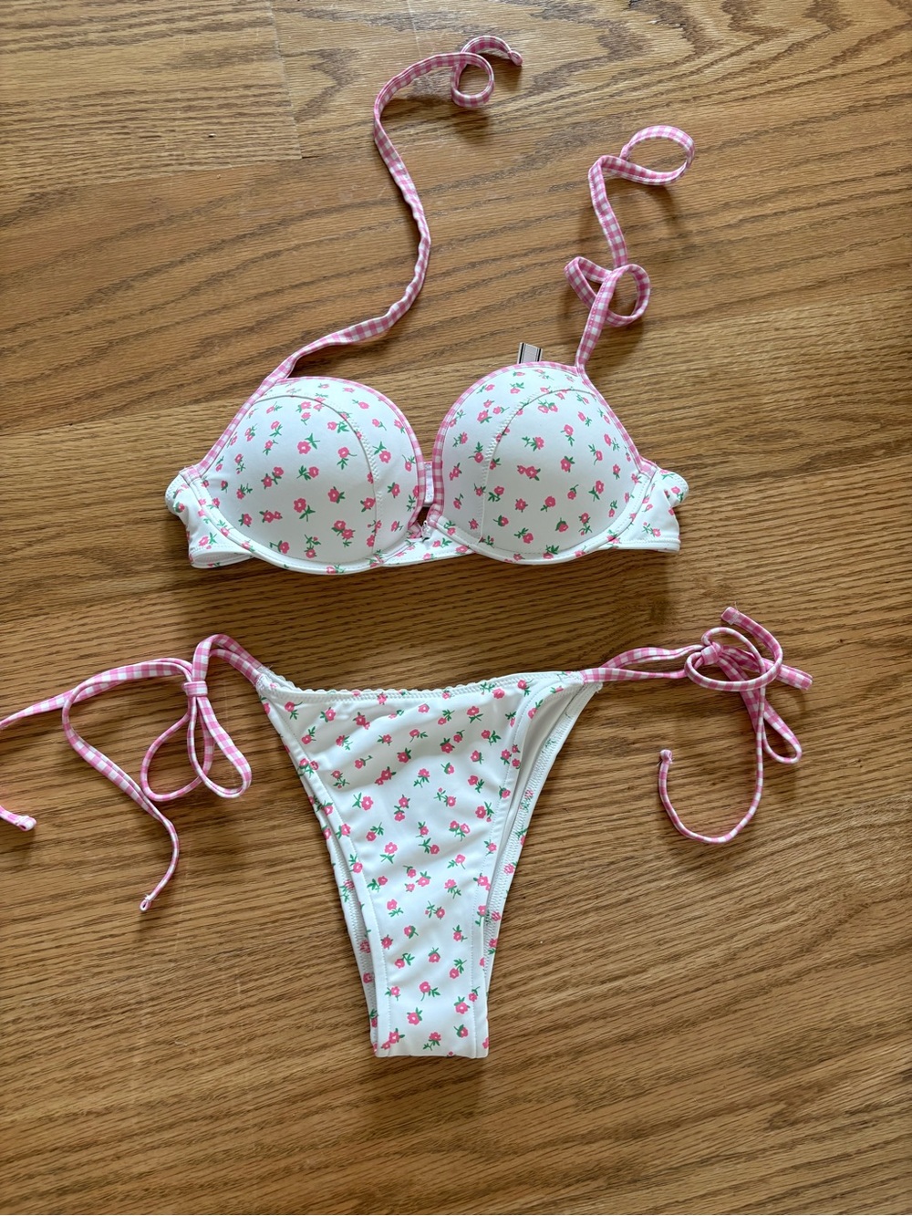 Frankie's Bikinis White Bikini with Pink Floral Print